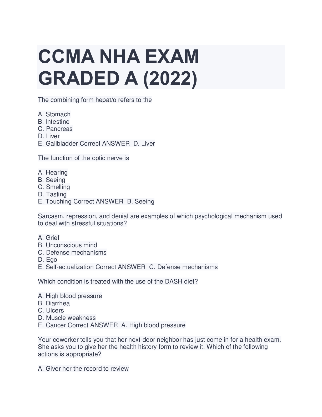 CCMA NHA EXAM Browsegrades